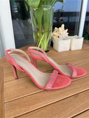 Marc Fisher Coral Suede Slingback Heels with Rhinestone Straps